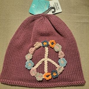Pebbles Hand Knitted Purple Flowered Peace Sign Hat For Toddlers